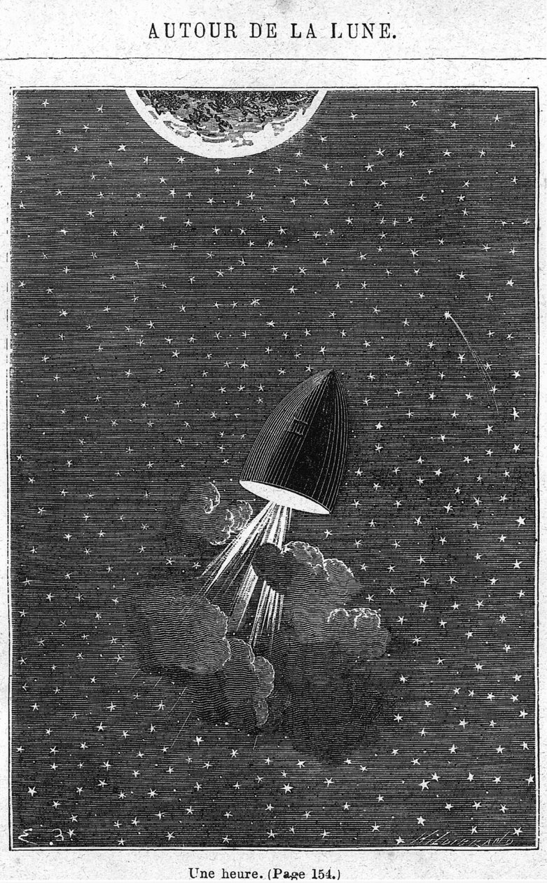 المغادرة إلى القمر ، رسم توضيحي من "حول القمر" لجول فيرن (1828-1905) باريس ، هتزل ، محفورة بواسطة هنري ثيوفيل هيلديبراند (1824-97) بواسطة إميل أنطوان بايارد