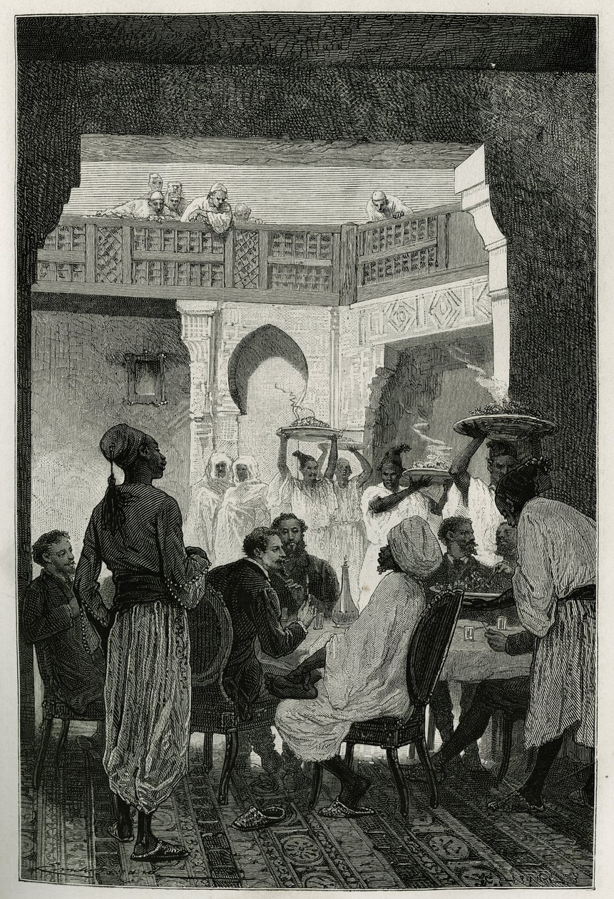 غداء على وزير الحرب ، بغطاء رأس عمامة ، في مواجهة كاتب القصة ، وصولاً إلى المحكمة ، صف من الخدم يحملون أطباق الوجبة ، نقش إيميل بايارد ، لتوضيح قصة المغرب لإدموندو دي أميسيس ، في عام 1875 ، سنة النشر بواسطة إميل أنطوان بايارد