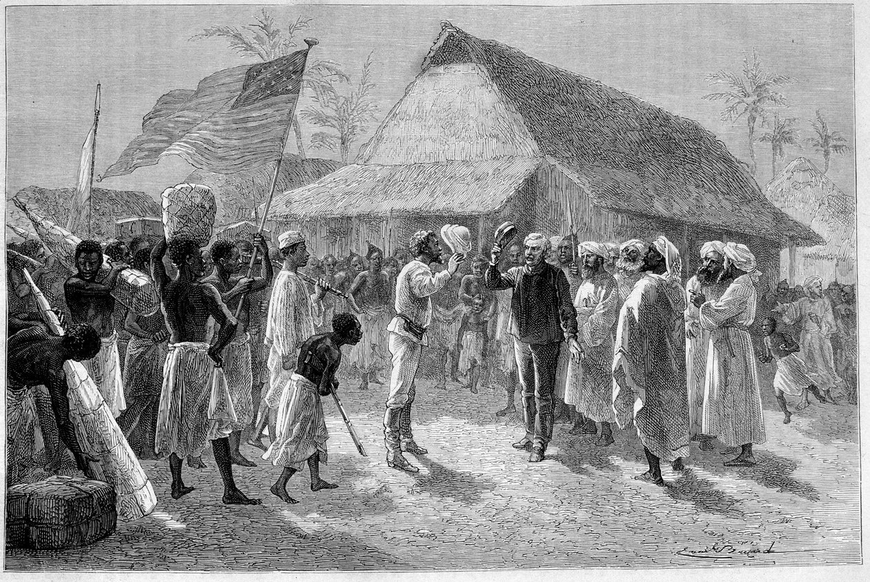 لقاء بين السير هنري مورتون ستانلي (1841-1904) وديفيد ليفنجستون (1813-1873) في "لو تور دو موند" بواسطة إميل أنطوان بايارد