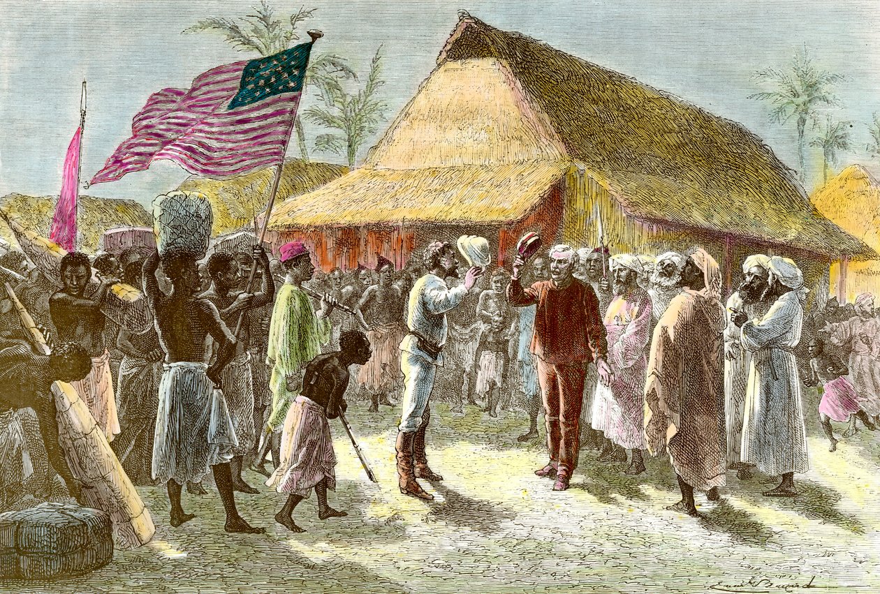 لقاء في أوجيجي على ضفاف بحيرة تنجانيقا بين هنري مورتون ، مستكشف وصحفي من ويلز (1841-1904) وديفيد ليفينجستون ، مستكشف مبشر اسكتلندي للقارة الأفريقية (1813-1873) ، في 10 نوفمبر بواسطة إميل أنطوان بايارد