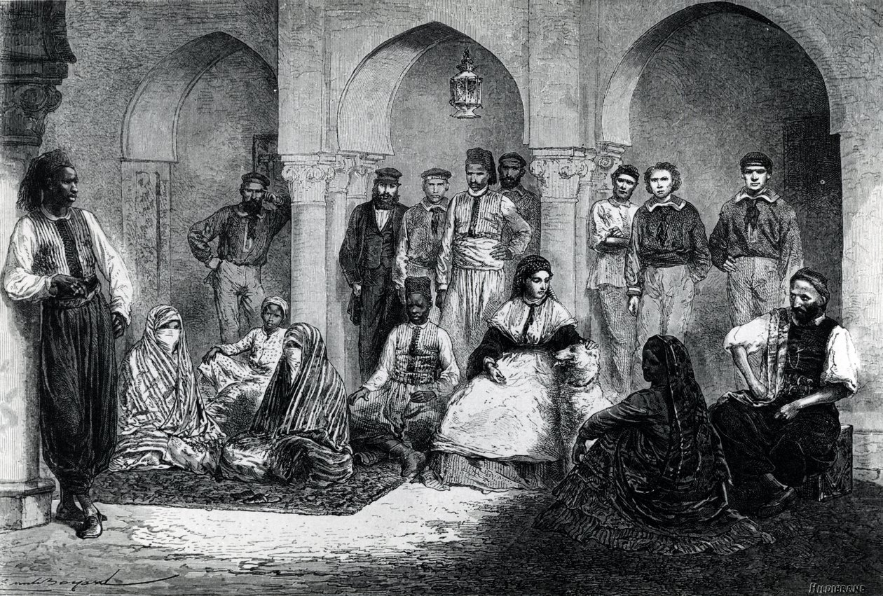 ملكة جمال تين مع موظفي البيت ، الجزائر ، صورة توضيحية من "لو تور دو موند" ، 1871 بواسطة إميل أنطوان بايارد