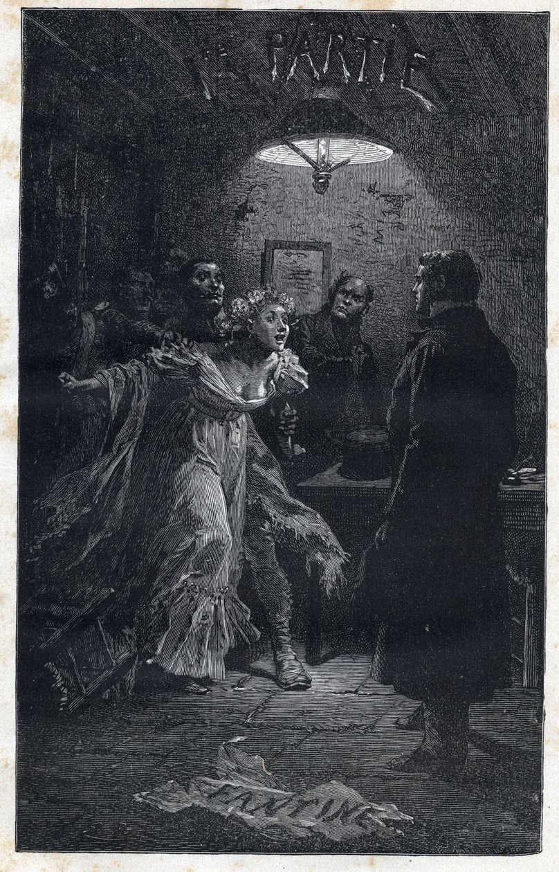 يأتي السيد مادلين لإنقاذ فانتين في وقت اعتقاله من قبل جافيرت - رسم توضيحي لإميل بايارد (1837-1891) لـ "" البؤساء - العرض الأول: فانتين "بقلم فيكتور هوغو (1802-1885) 1862 بواسطة إميل أنطوان بايارد
