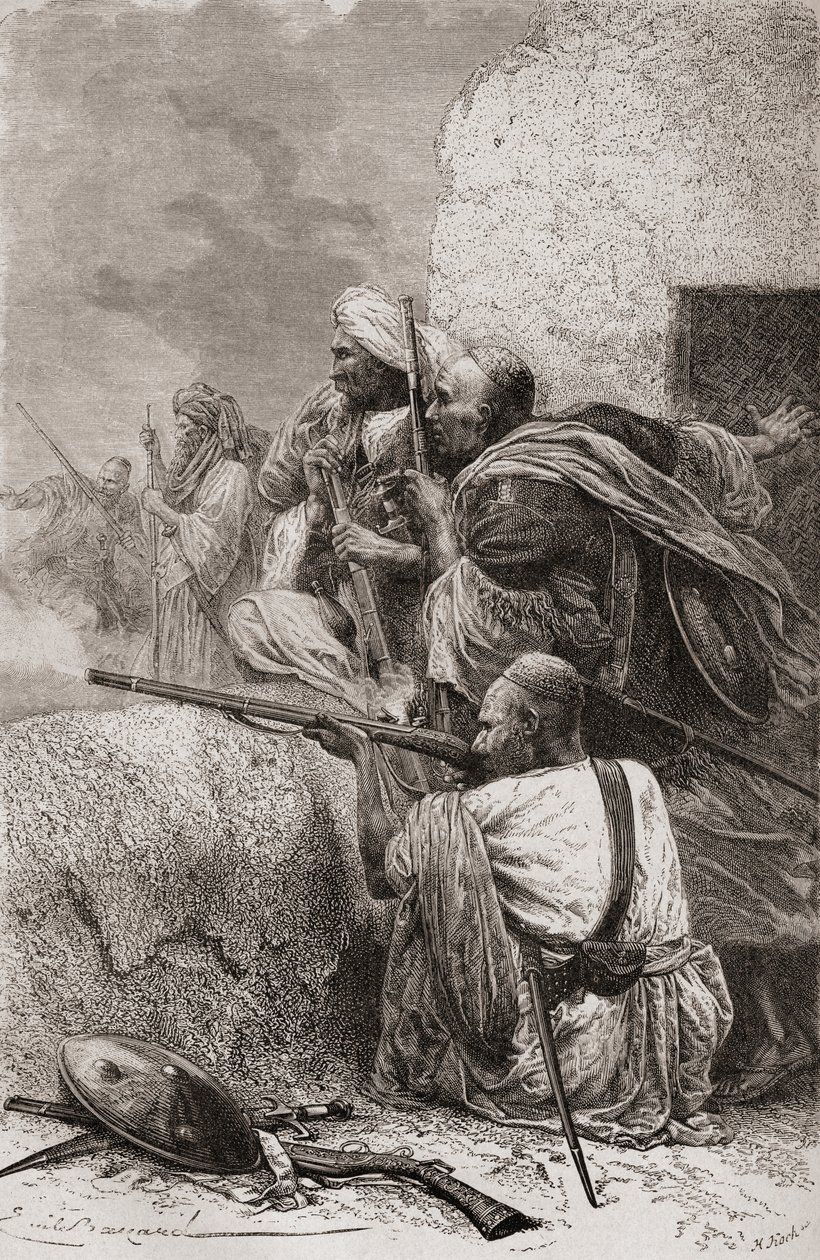 متمردو شمال أفغانستان يقاتلون البريطانيين في جبال هزارا ، باكستان ، خلال الحكم البريطاني ، 1878 بواسطة إميل أنطوان بايارد