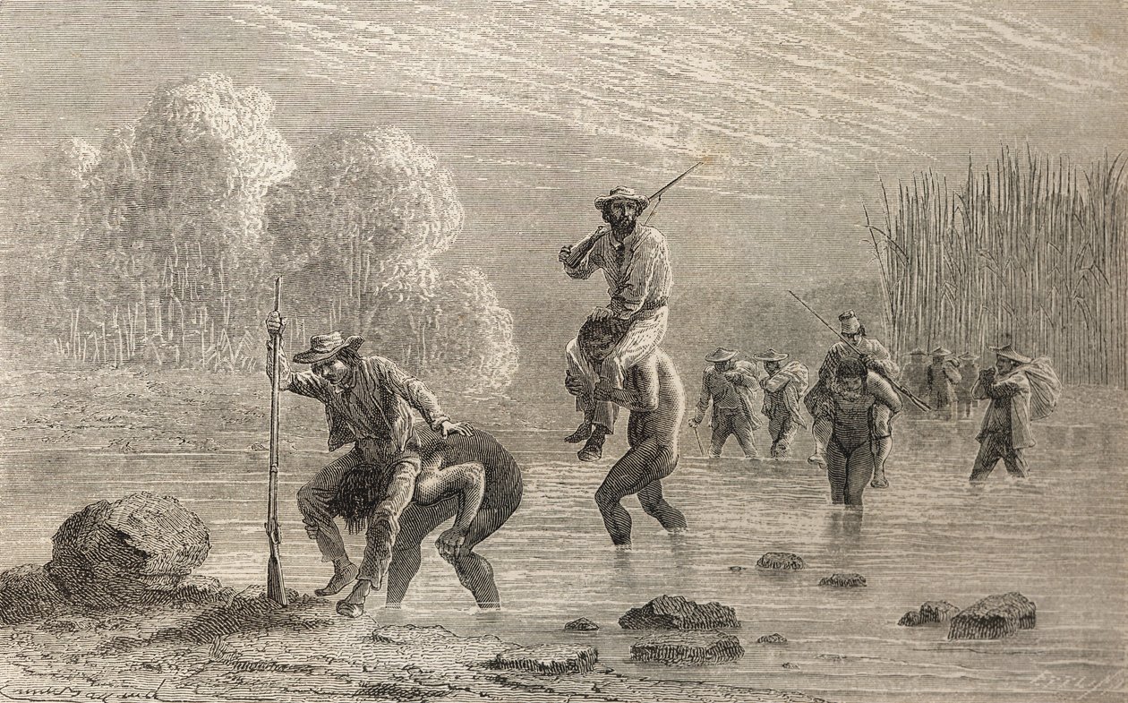 حمل بول ماركوي ورحلته الاستكشافية عبر مستنقع في الأرجنتين من قبل هنود تشونتشو عام 1874 ، رسم توضيحي من "العالم في اليدين" ، نُشر عام 1878 بواسطة إميل أنطوان بايارد