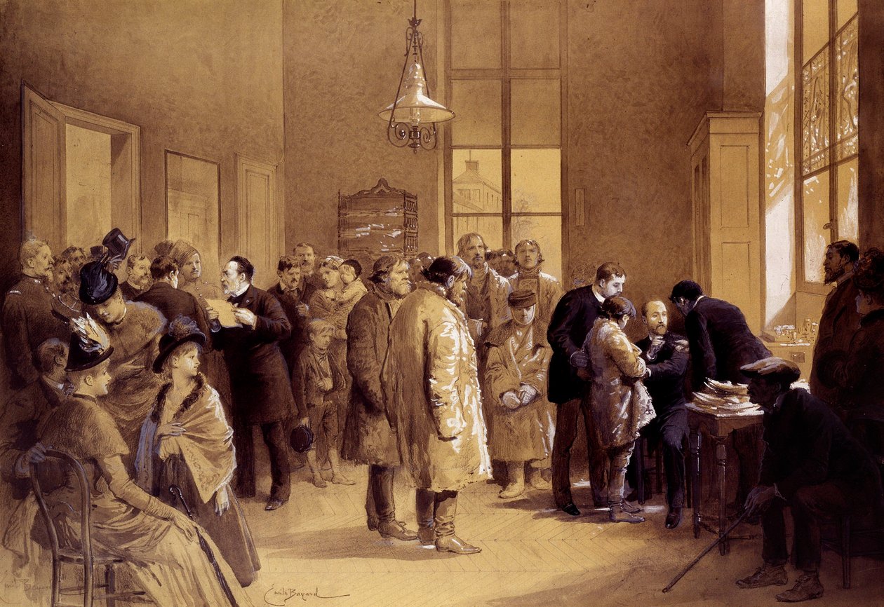 التطعيم ضد داء الكلب: ناشد لويس باستور (1822-1895) المشجعين بينما قام الدكتور جوشر بتلقيح الطفل الروسي جوزيف مايستر ضد داء الكلب في 6/7/1885 في مختبر بشارع أولم ". طبعات بواسطة إميل بايارد (1837-1891) 1886 باريس ، متحف باستور بواسطة إميل أنطوان بايارد