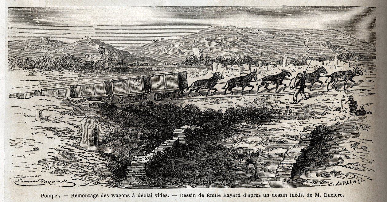إعادة تجميع العربات الفارغة أثناء أعمال التنقيب عام 1864 في بومبي ، رسم بواسطة إميل بايارد (1837-1891) ، لتوضيح نص مارك مونير (1829-1885) "بومبي وبومبيان" ". نقش في "" Le Tour du monde "، تحرير إدوارد شارتون بواسطة إميل أنطوان بايارد