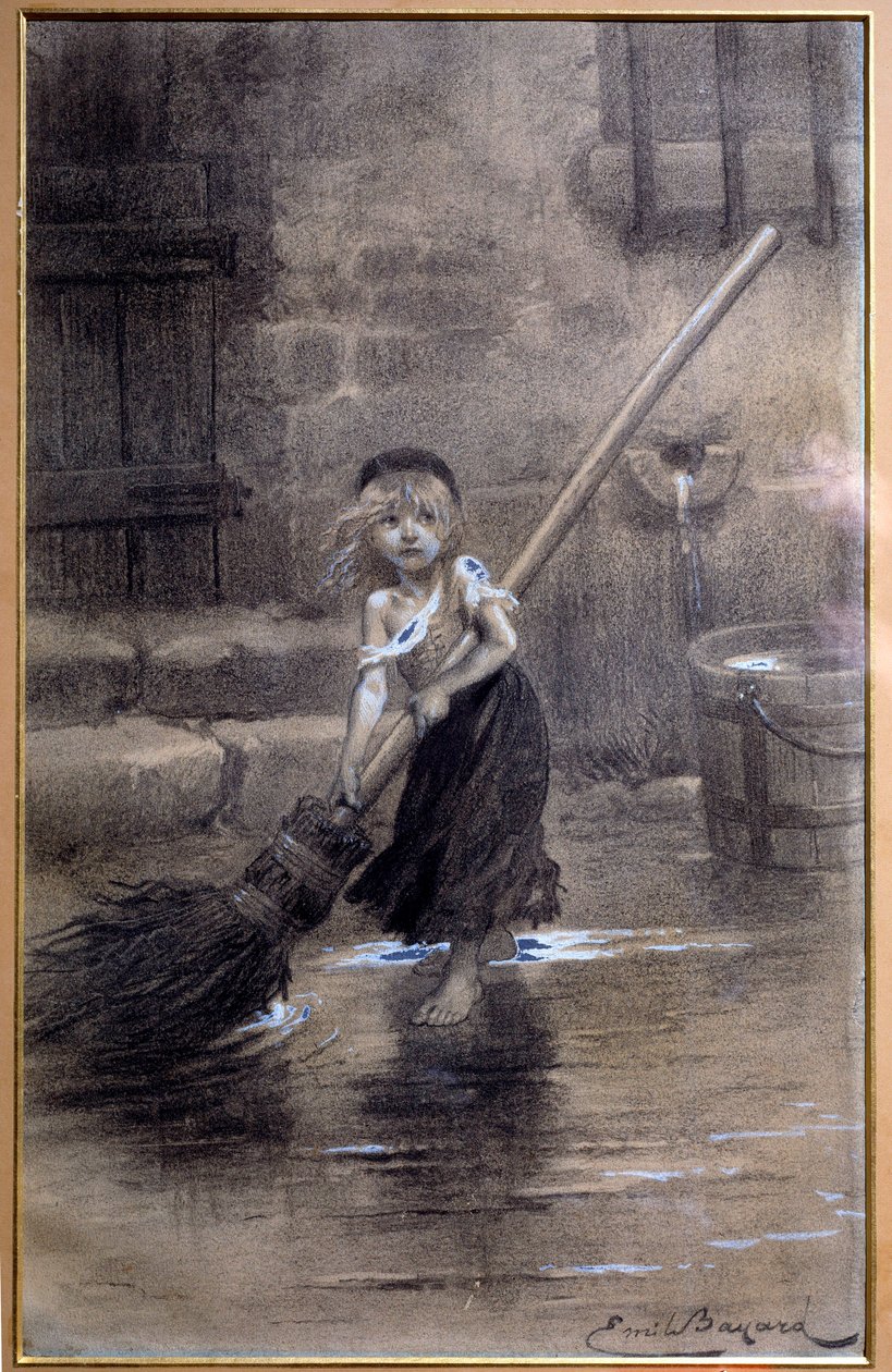 تمثيل كوزيت حافي القدمين. رسم إيضاحي لـ "البؤساء" بقلم فيكتور هوغو (1802-1885) بواسطة إميل بايارد (1837-1891) في القرن التاسع عشر. باريس ، ميزون فيكتور هوغو بواسطة إميل أنطوان بايارد