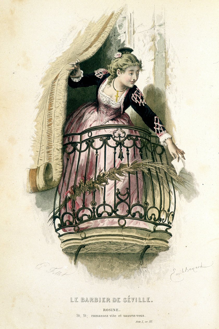 روزين في "" Le barbier de Seville "" - في "" Complete Works of Beaumarchais "" ، رسومات بواسطة Emile Bayard ، محرر. لابلاس سانشيز وسي ، باريس بواسطة إميل أنطوان بايارد