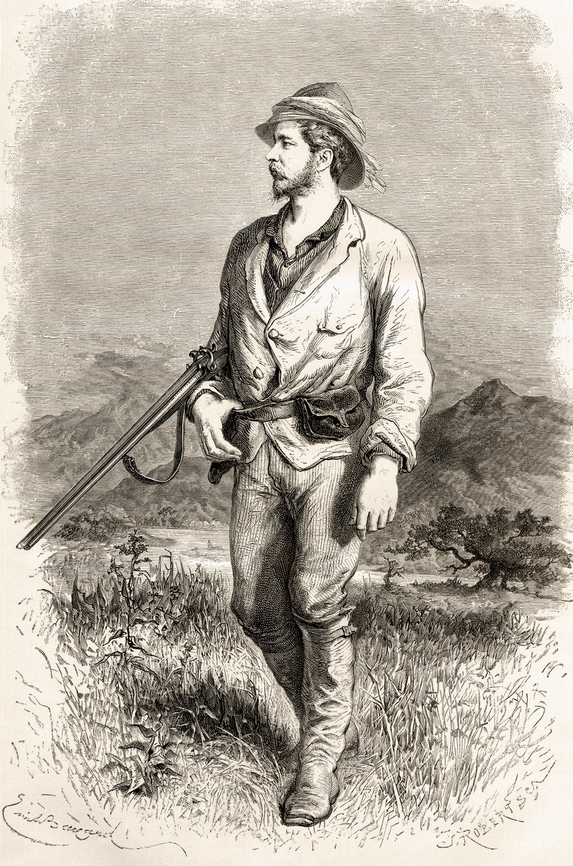 السير هنري مورتون ستانلي ، رسم توضيحي من "العالم في اليدين" ، نقش جيه روبرت ، نشر عام 1878 بواسطة إميل أنطوان بايارد