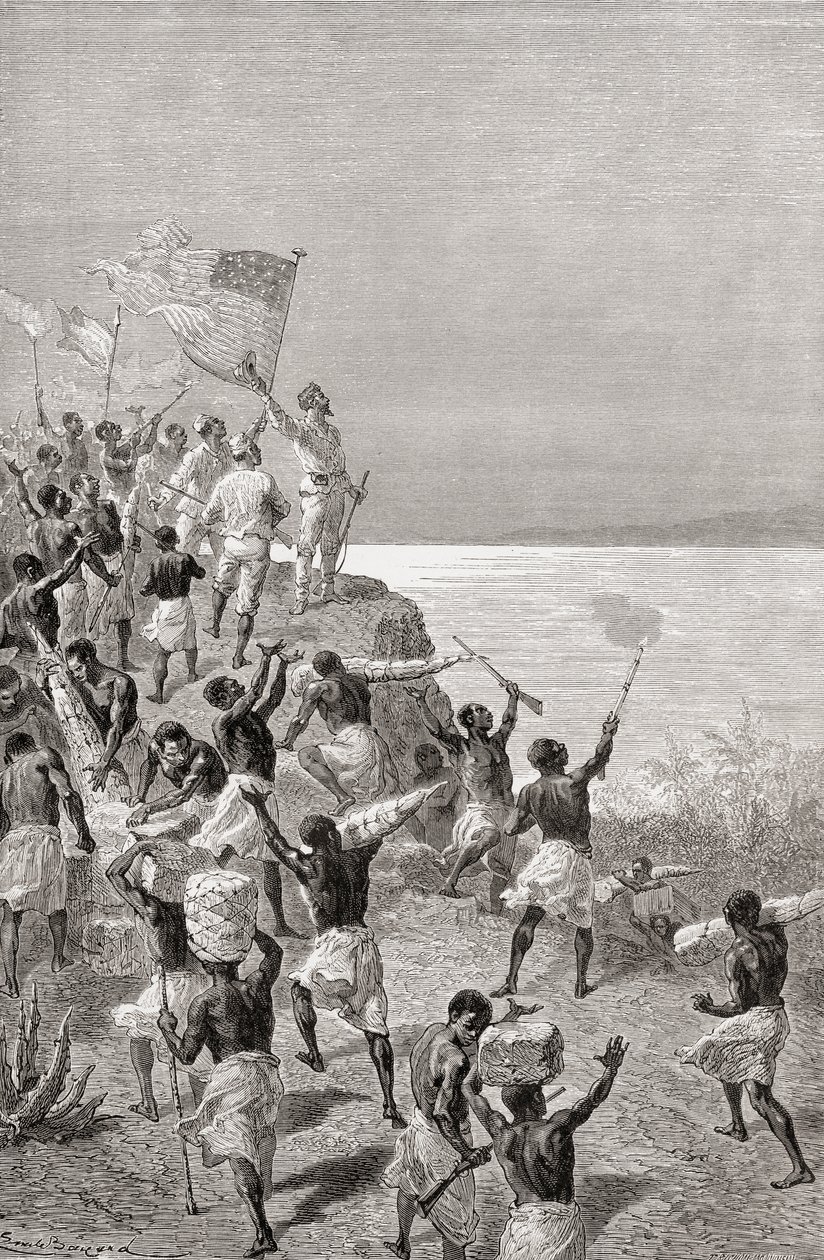 ستانلي ومشاهدة بعثته الأولى تنجانيقا ، شرق أفريقيا ، عام 1872 ، رسم توضيحي من "العالم في اليدين" ، نشر عام 1878 بواسطة إميل أنطوان بايارد
