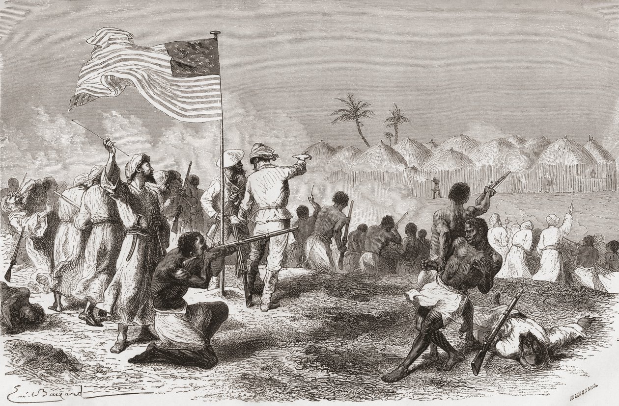 هجوم ستانلي على زيمبيزو خلال بعثته في عام 1871 ، رسم توضيحي من "العالم في اليدين" ، محفور بواسطة هنري ثيوفيل هيلديبراند (1824-97) ، نشر عام 1878 بواسطة إميل أنطوان بايارد