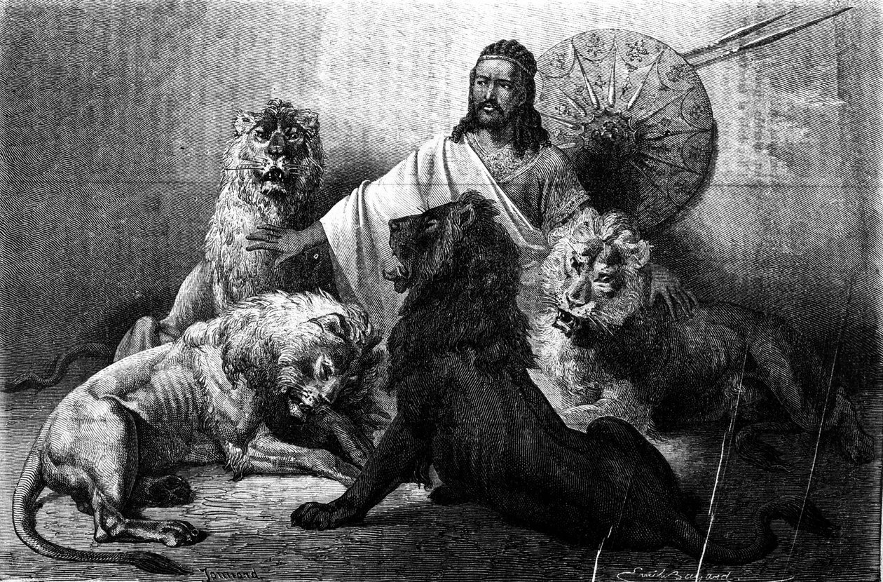 الإمبراطور (الراس) ثيودوروس الحبشة محاط بأسوده. نقش من نصف القرن التاسع عشر. رسم إيميل بايارد. بواسطة إميل أنطوان بايارد