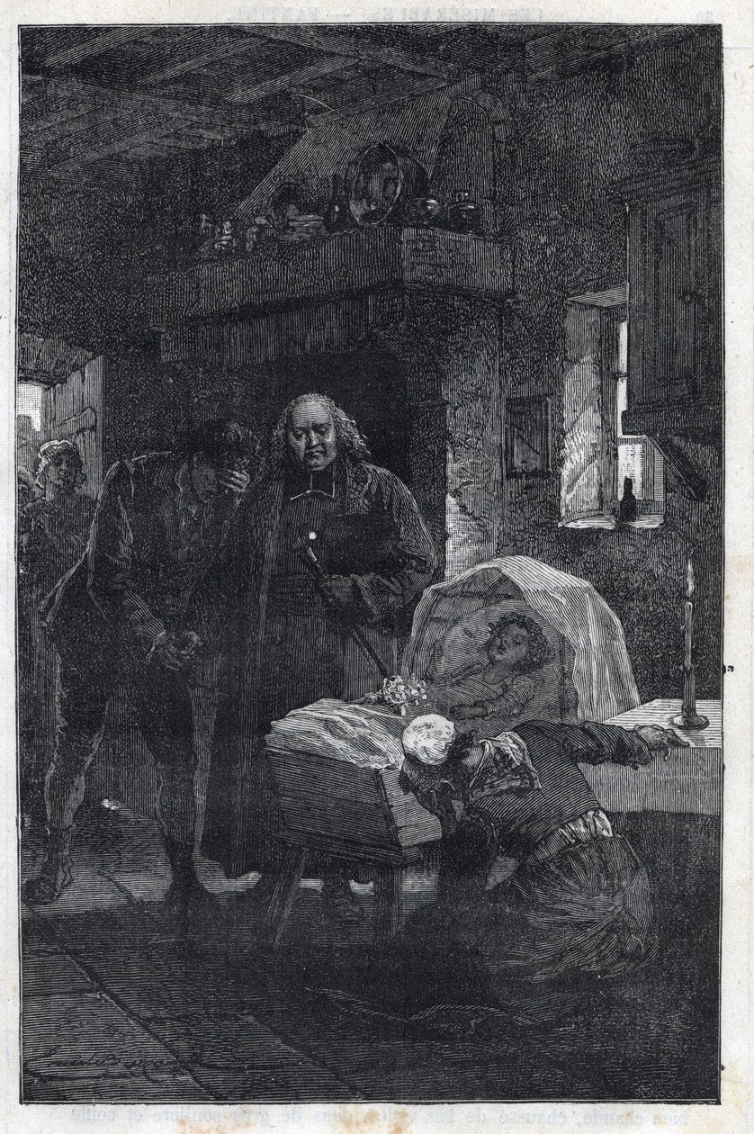 The Myriel Eveque with a Mourning Family - رسم لإيميل بايارد (1837-1891) لـ "البؤساء - الجزء الأول: فانتين" بقلم فيكتور هوغو (1802-1885) 1862 بواسطة إميل أنطوان بايارد