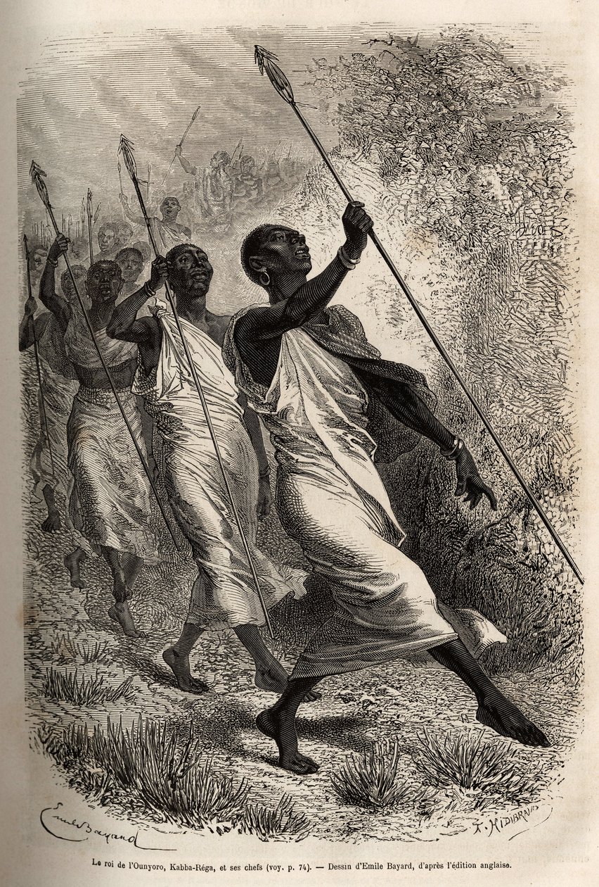 وصول كابا ريجا ، ملك أونيورو (شرق السودان) ورؤساء بلاطه ، إلى معسكر سير بيكر في زيارة رسمية ، محفور بعد رسم لإميل بايارد ، يوضح رحلة استكشافية في وسط إفريقيا ، لقمع أسود بواسطة إميل أنطوان بايارد