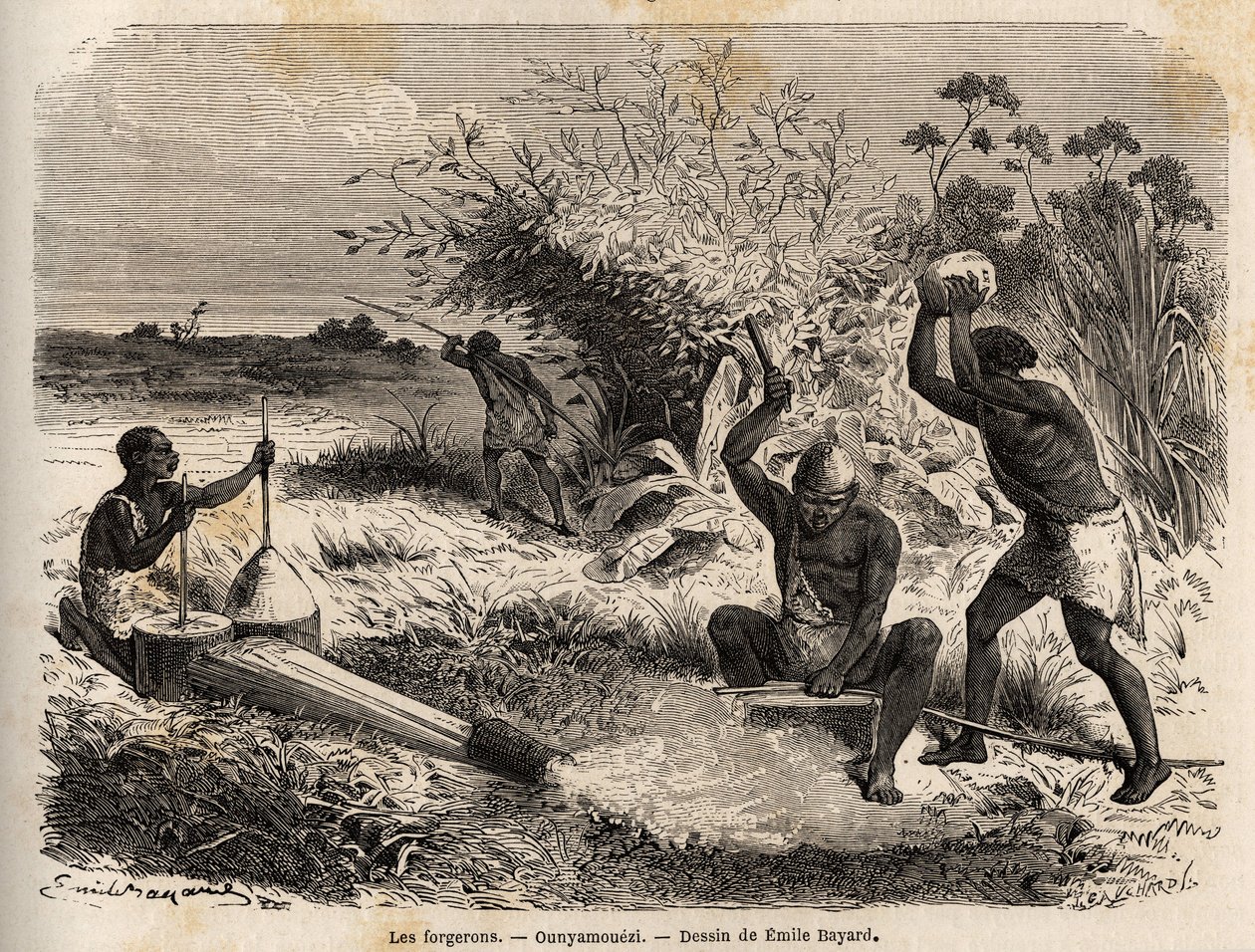 الحدادين ، في ounyamouezi (منطقة البحيرات الكبرى ، أفريقيا) ، رسم بواسطة إميل بايارد (1837-1891) ، يوضح رحلة الاستكشاف في إفريقيا ، من 1860 إلى 1863 للكابتن سبيك. نقش في "" Le Tour du monde "، تحرير إدوارد شارتون بواسطة إميل أنطوان بايارد