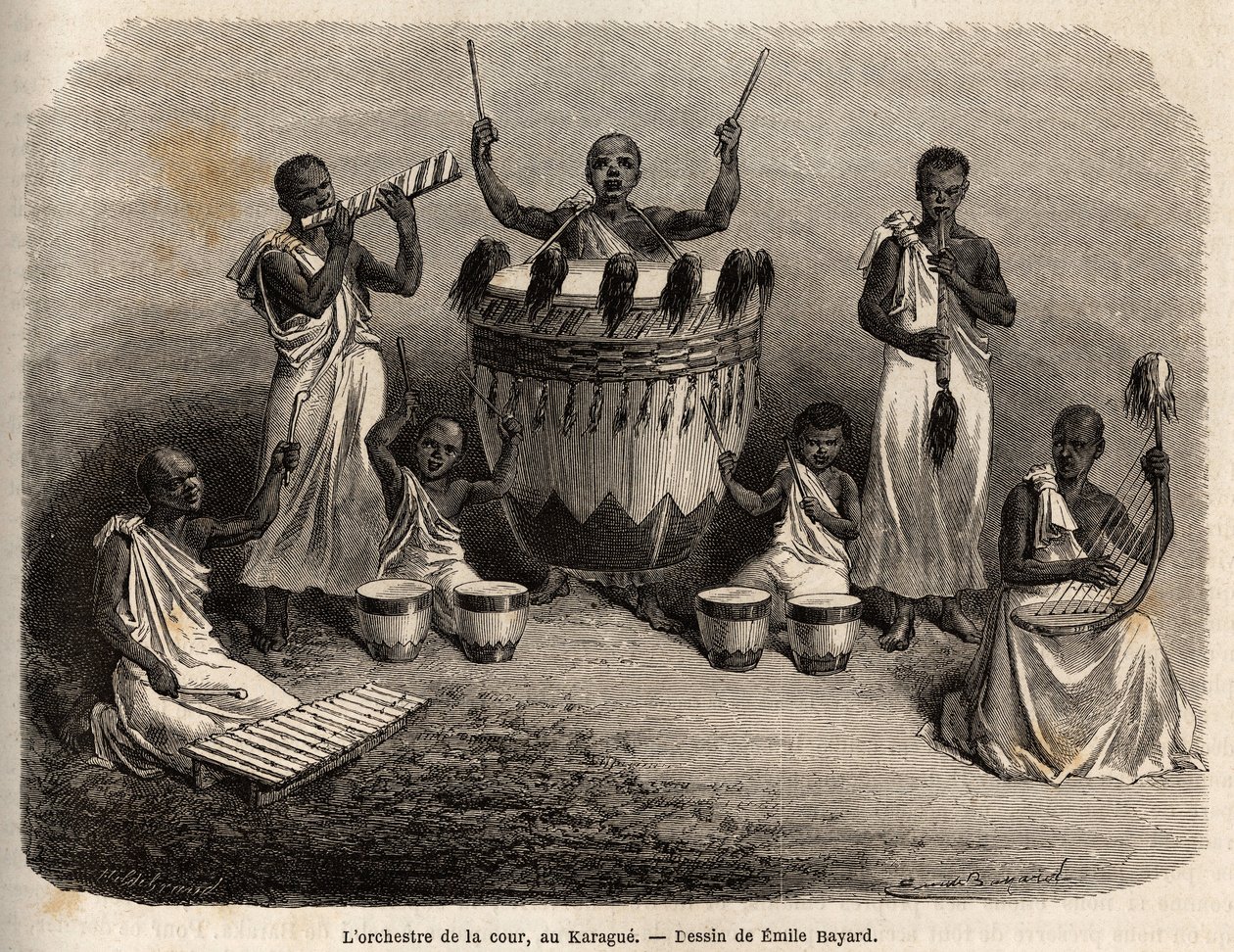 أوركسترا البلاط ، في كاراج (غرب بحيرة فيكتوريا ، زيمبابوي الحالية) ، رسمها إميل بايارد (1837-1891) ، توضح رحلة الكابتن سبيك الاستكشافية في إفريقيا من 1860 إلى 1863. نقش في "" Le tour du monde "، حرره إدوارد شار بواسطة إميل أنطوان بايارد
