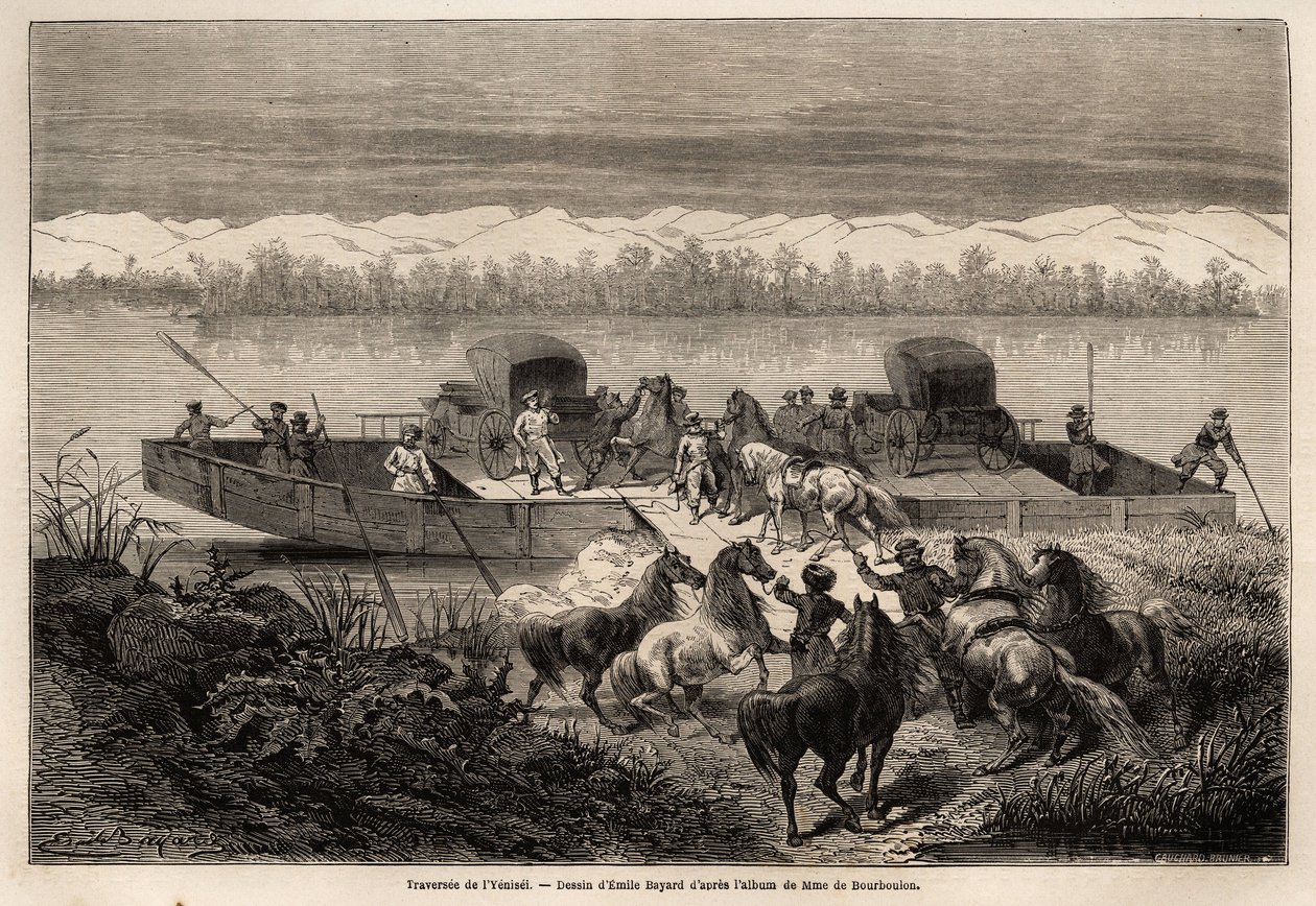 عبور نهر ينيسي (روسيا) رسمه إميل بايارد (1837-1891) لتوضيح الرحلة من شنغهاي إلى موسكو ، من 1859 إلى 1862 ، من قبل إم دي بوربولون ، وزير فرنسا إلى الصين. نقش في "" Le Tour du monde "، تحرير إدوارد سي بواسطة إميل أنطوان بايارد