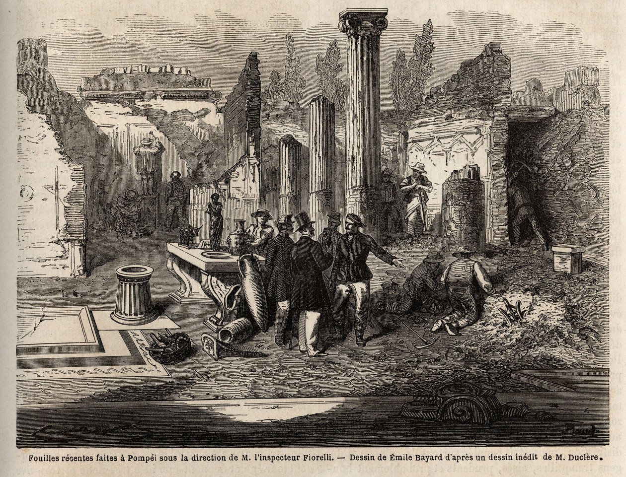 حفريات عام 1864 في بومبي ، تحت إشراف المفتش فيوريلي ، رسمها إميل بايارد (1837-1891) ، لتوضيح نص مارك مونير (1829-1885) "بومبي وبومبيان" ". نقش في "" Le Tour du monde "، من تحرير Edouard Chart بواسطة إميل أنطوان بايارد