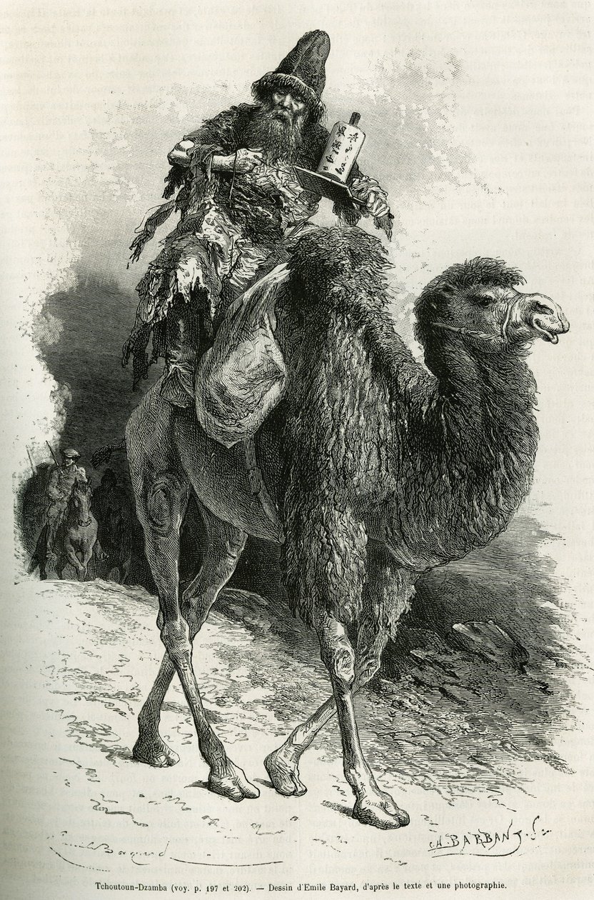 مرشد ومترجم البعثة ، شوتون دزامبا ، 58 عامًا ، جاثم على جمله ، تمتم باستمرار ، رسم بواسطة إميل بايارد لتوضيح الرحلة إلى منغوليا وأرض تانجوت من 1870 إلى 1873 ، من قبل الملازم بواسطة إميل أنطوان بايارد