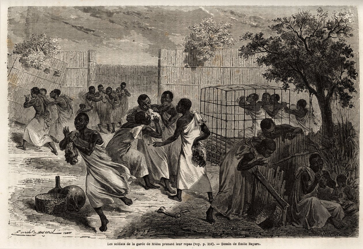 وجبة جنود حرس ملك أوغندا ، متيسا ، رسمها إميل بايارد (1837-1891) ، توضح رحلة الكابتن سبيك الاستكشافية في إفريقيا من 1860 إلى 1863. نقش في "" Le tour du monde " "، الذي حرره إدوارد شارتون بواسطة إميل أنطوان بايارد