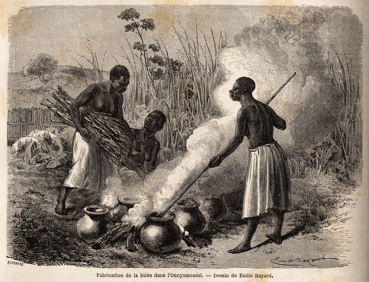 إنتاج الجعة ، في ounyamouezi (منطقة البحيرات الكبرى ، إفريقيا) ، رسمه إميل بايارد (1837-1891) ، يوضح رحلة الاستكشاف في إفريقيا ، من 1860 إلى 1863 للكابتن سبيك. نقش في "" Le Tour du monde "، تحرير إدوارد شارتون بواسطة إميل أنطوان بايارد