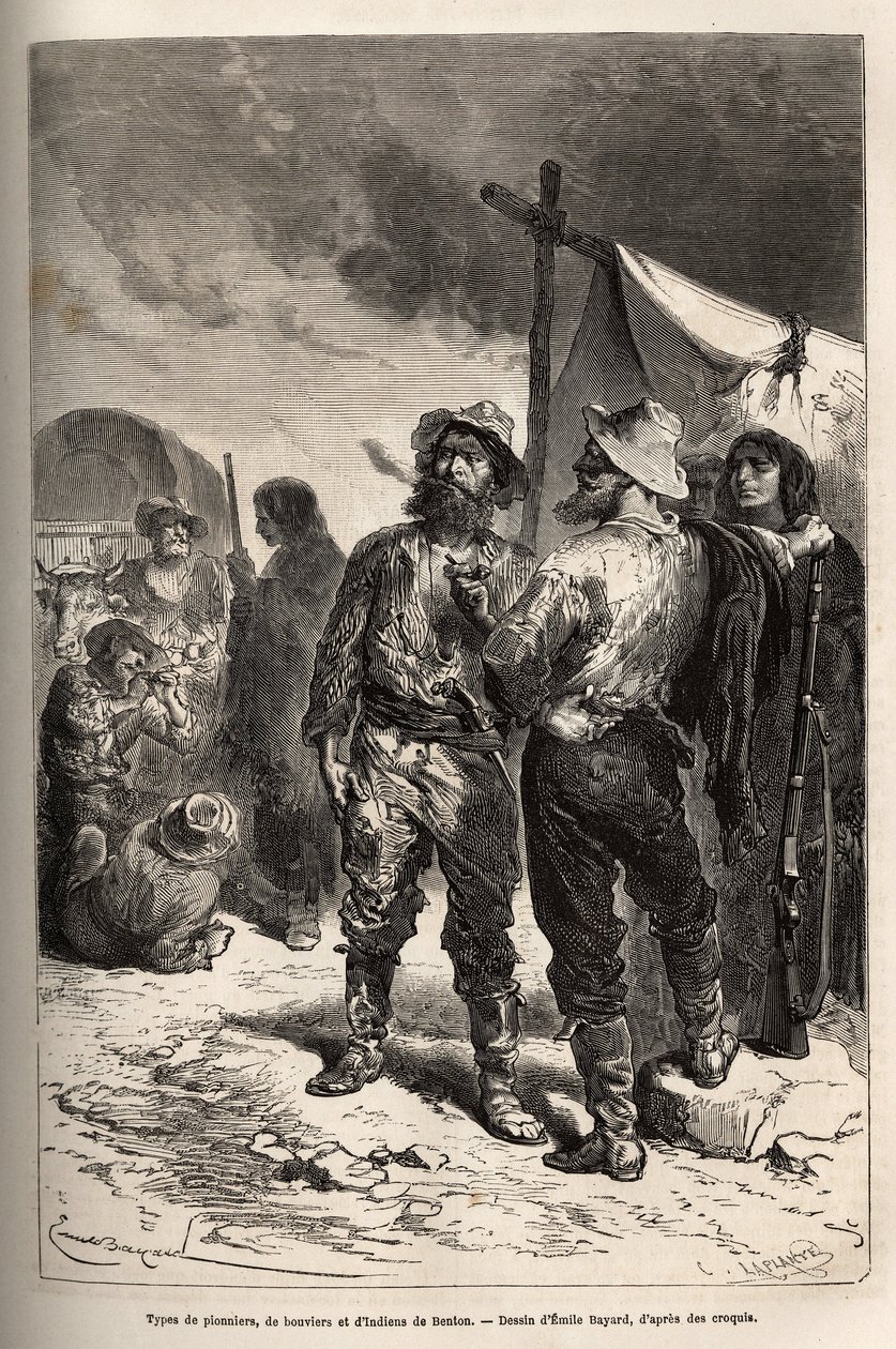 أنواع الرواد ، de bouviers et d'indians de Benton (مونتانا) ، نقش بعد الرسم الذي رسمه إميل بايارد ، يوضح الرحلة من واشنطن إلى سان فرانسيسكو ، في عام 1868 ، بواسطة L. Simonin ، نُشرت في "" Le tour du monde " "" 1874 ، حرره إدوار بواسطة إميل أنطوان بايارد