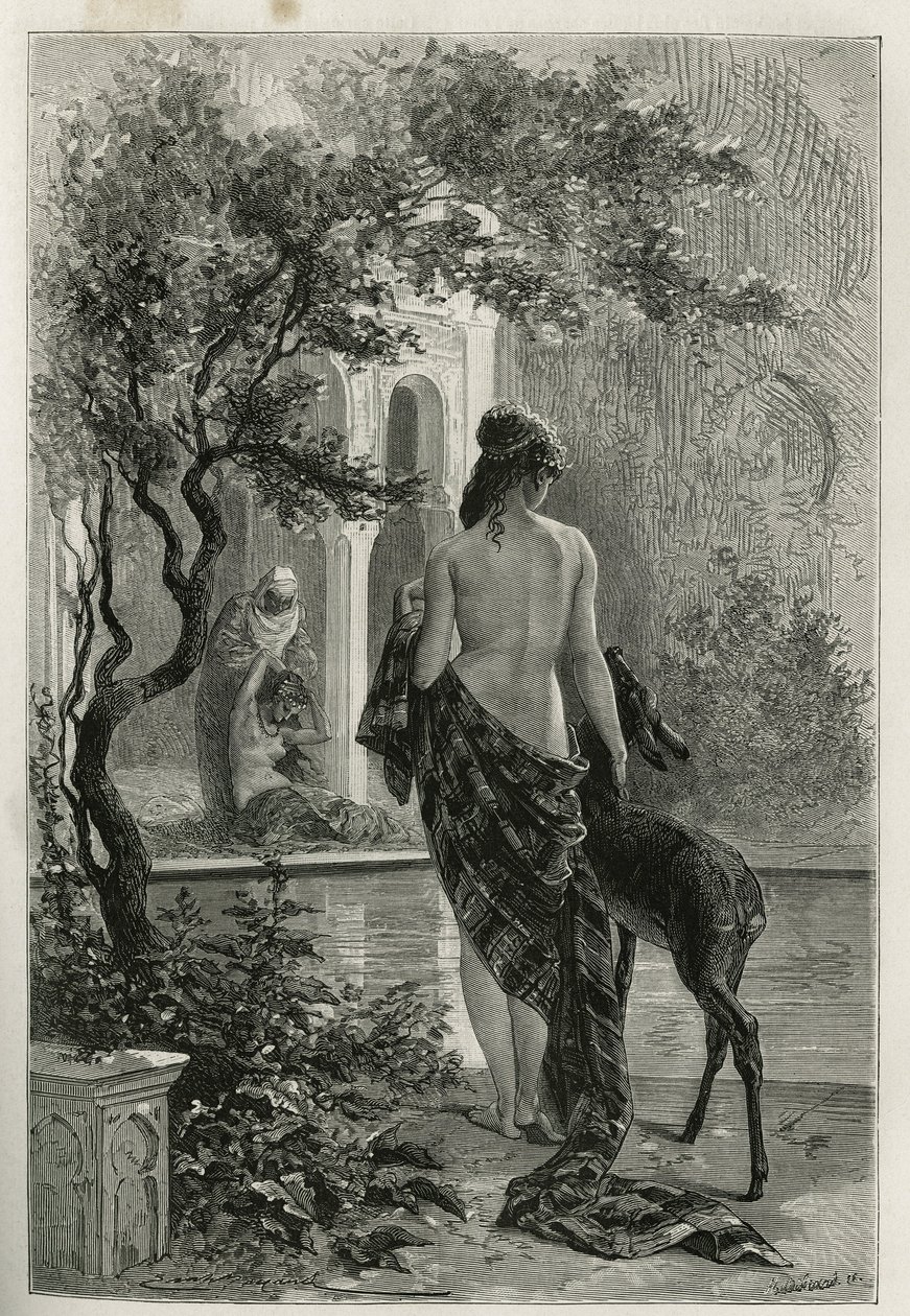 Un jardin à Fes ، نقش لإميل بايارد ، لتوضيح قصة المغرب بواسطة إدموندو دي أميسيس ، في عام 1875 ، نُشر في جولة العالم ، تحت إشراف إدوارد شارتون بواسطة إميل أنطوان بايارد