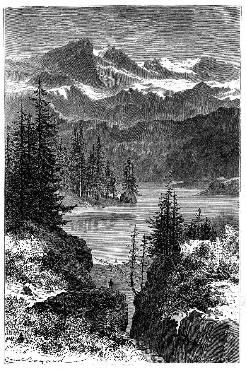 منظر لجبال الألب: غابة ، بحيرة ، قمم. رسم توضيحي بواسطة إميل بايارد لكتاب Les Montagnes d'Albert Dupaigne ، طبعة مامي 1881. بواسطة إميل أنطوان بايارد