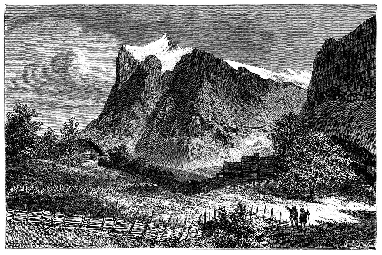 منظر لجبال الألب السويسرية. رسم توضيحي بواسطة إميل بايارد لكتاب Les Montagnes d