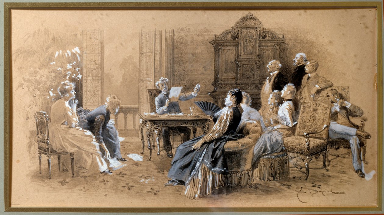 الكاتب ألكسندر دوماس جونيور (1824-1895) يقرأ أعماله الغواش الصيني بالحبر المحسن من قبل إميل بايارد (1837-1891) فيليرز كوتريتس في القرن التاسع عشر. متحف الكسندر دوما بواسطة إميل أنطوان بايارد