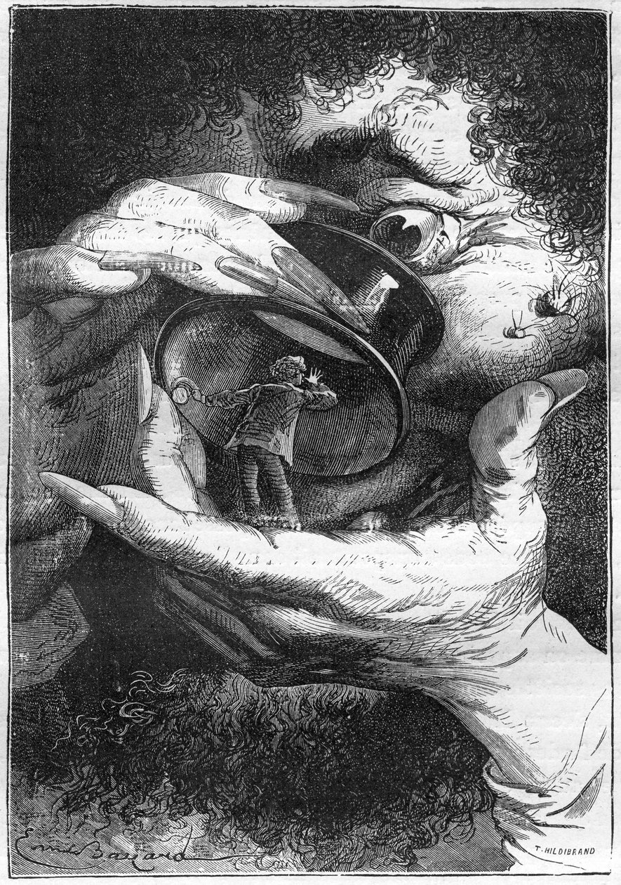 رسم توضيحي لرواية جول فيرن "حول القمر" ، رسم بواسطة إميل بايارد ، طبعة Hetzel / Voyages extraordinaire 1870. يتخيل رائد الفضاء ميشيل أردان نفسه وهو يلاحظ من قبل عملاق من خلال عدسة مكبرة (إشارة إلى Swift
