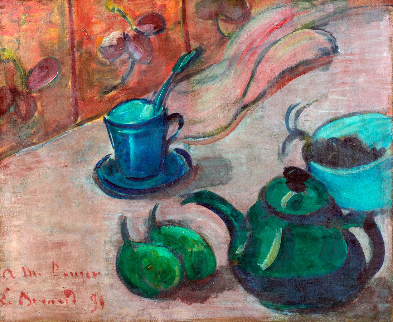 "" Nature morte a la theiere، tasse et fruit "(الحياة الساكنة مع إبريق الشاي والكوب والفاكهة) Peinture d'Emile Bernard (1868-1941) زيت على قماش 1890 متحف فان جوخ ، أمستردام بواسطة اميل برنارد
