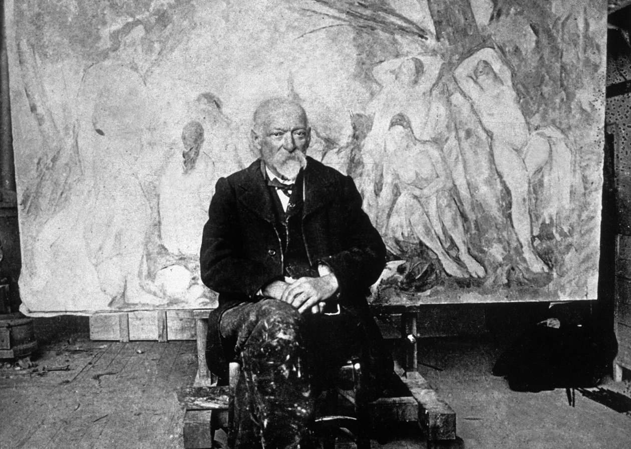 بول سيزان (1839-1906) رسام فرنسي في عام 1904 أمام إحدى لوحاته التي تظهر سباحين (صورة بالأبيض والأسود) بواسطة اميل برنارد