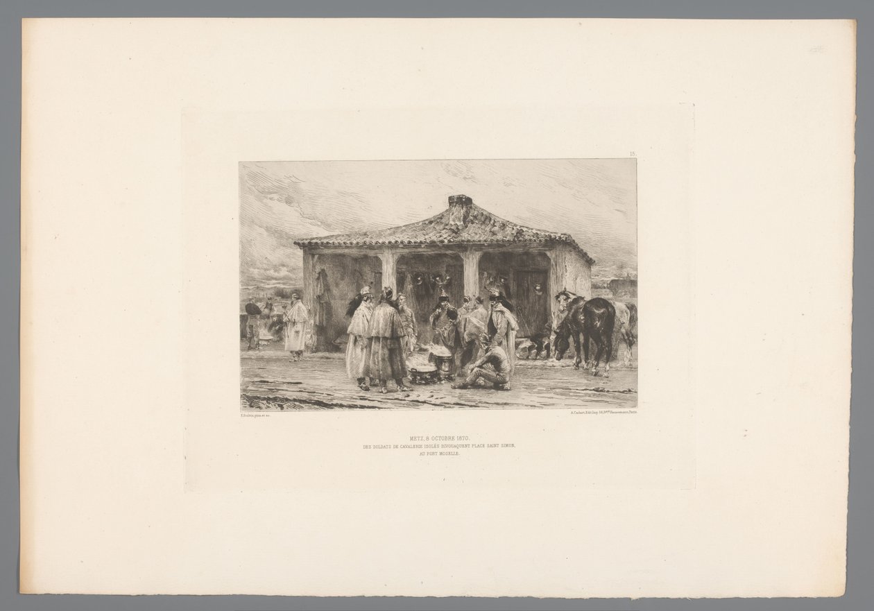 جندي جماعي في عين كامب ميتز 8 أكتوبر 1870 / عزل جنود الفرسان المؤقتين في ساحة القديس سيمون في حصن موسيل (العنوان على الكائن) Franse etsen uit 1875 (عنوان السلسلة) حفر في عام 1875 (عنوان السلسلة) بواسطة اميل بويلفين