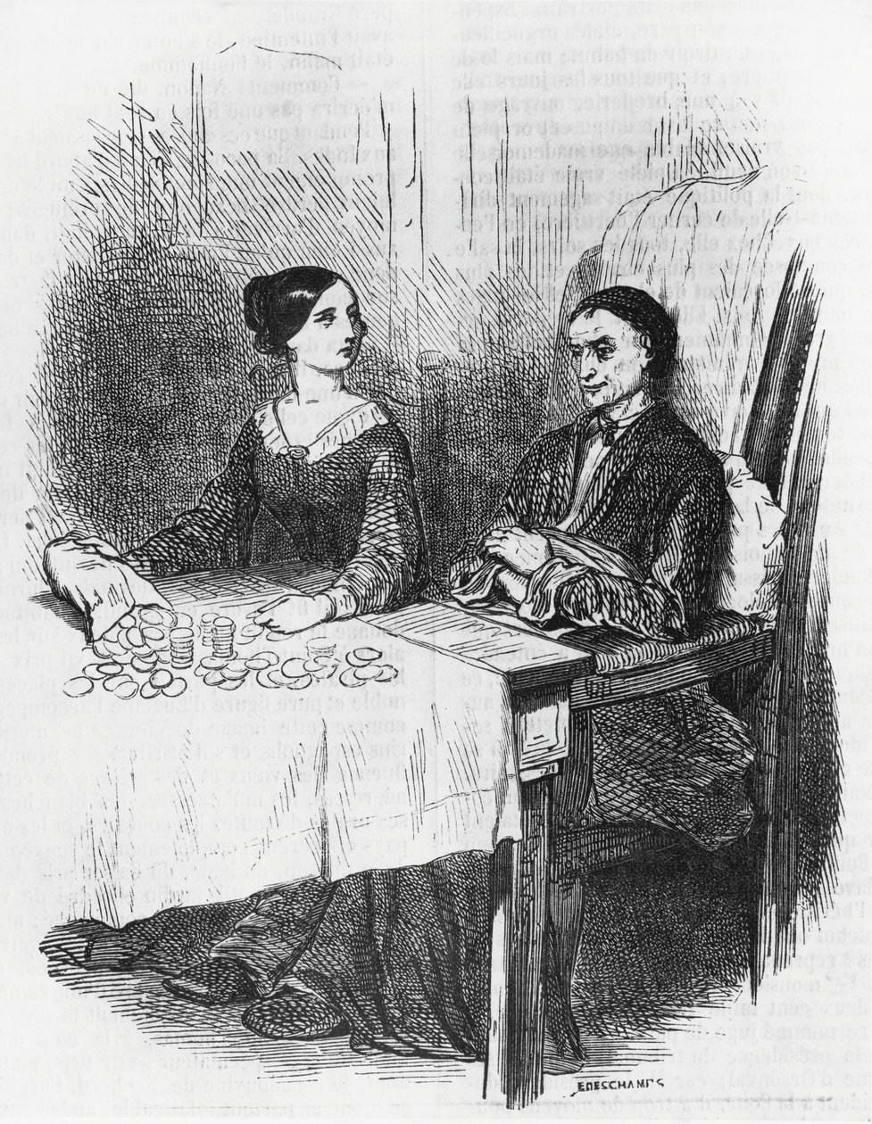 رسم توضيحي لأوجيني غراندي، رواية بقلم أونوريه دي بلزاك (1799-1850) من مجموعة متعددة المجلدات بعنوان الكوميديا الإنسانية، نقش لإميل ديشامب (1822-1893) بواسطة اميل ديشامب