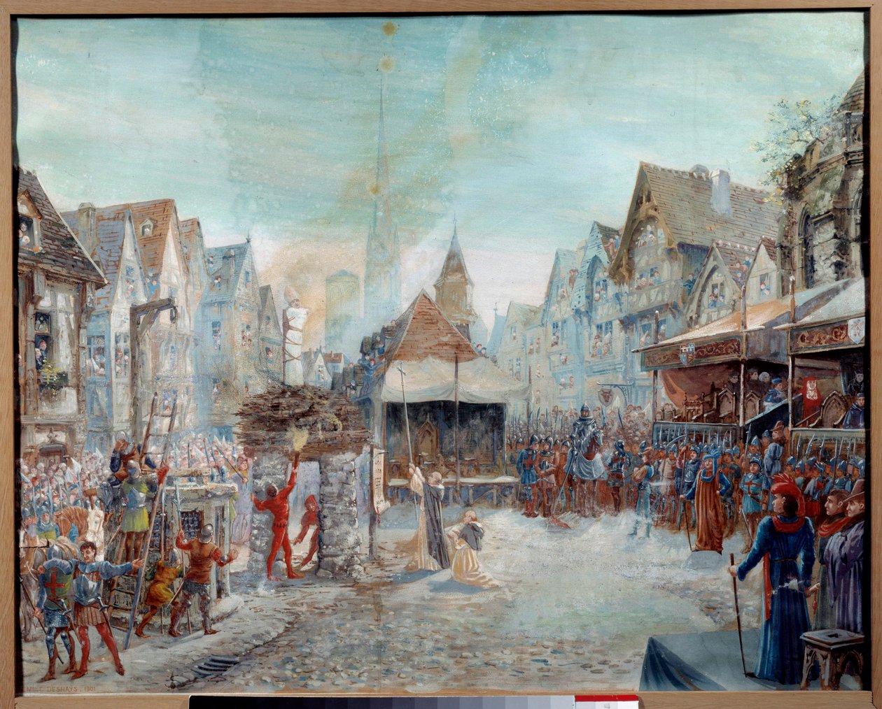 حرب المائة عام: "" قادت جان دارك (1412-1431) على الجزار "(Place du Vieux-Marche in Rouen). رسم إميل ديشايس (1875-1946) 1901. صن. 0،73 × 0،6 م روان ، متحف الفنون الجميلة انتباه! قد يخضع استخدام هذا العمل إلى جهة خارجية بواسطة إميل ديشايس