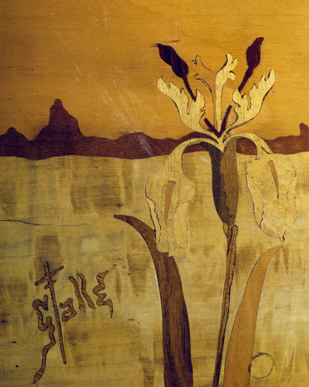 Art Nouveau style table, by Emile Galle (1846-1904), walnut with veneer finish and various woods, detail, France, 20th century بواسطة اميل جالي