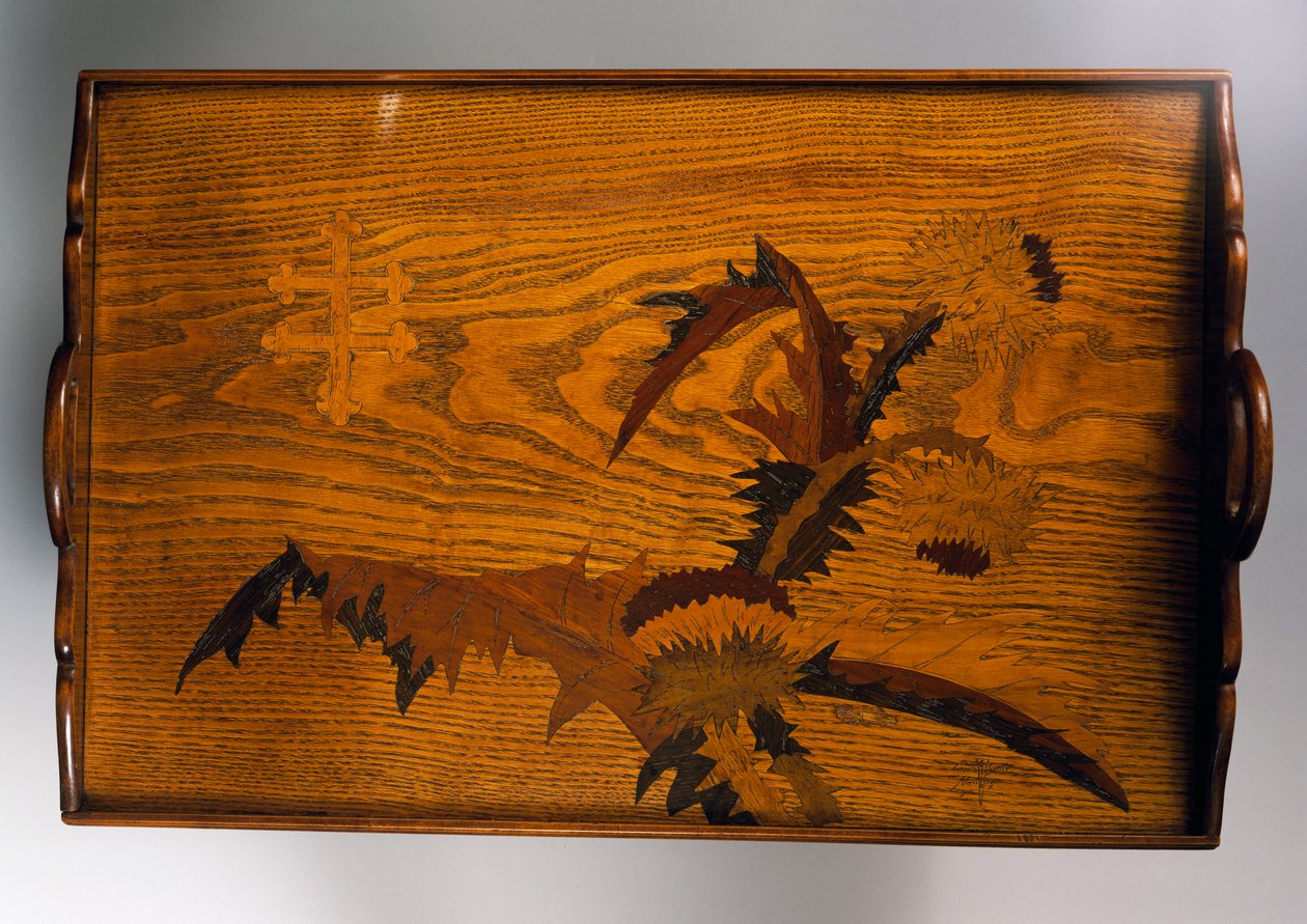 Wooden tray inlaid with thistle decoration, Made by Emile Galle (1846-1904), 40x42 cm, France, 20th century بواسطة اميل جالي