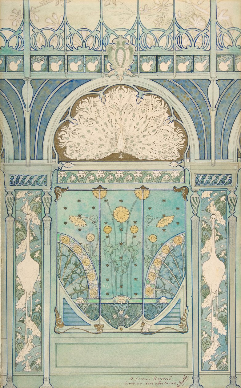 تصميم لتزيين الجدران مع الطاووس والرافعات وعباد الشمس للمطعم ... ، 1896-98 بواسطة اميل هيرتري
