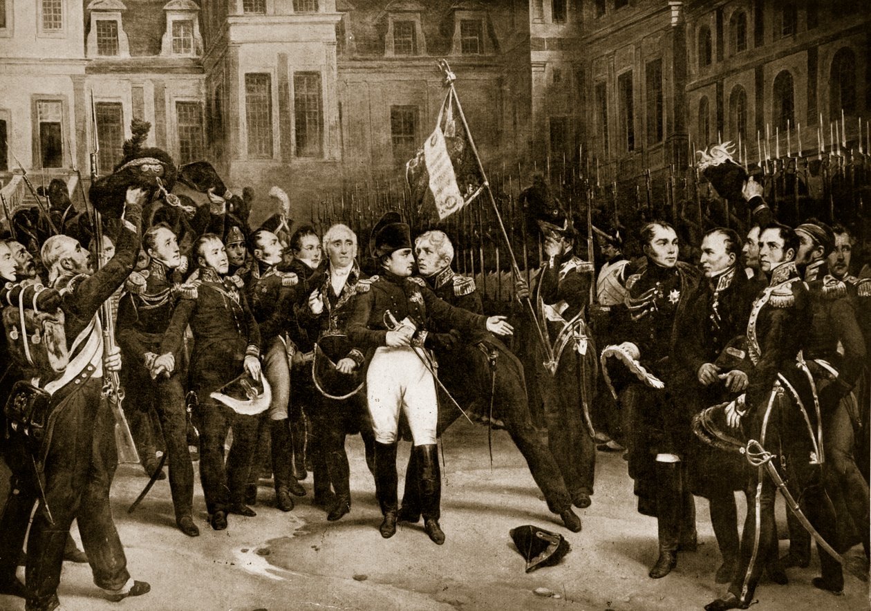 وداع نابليون لجنرالاته في فونتينبلو ، 1814 ، رسم توضيحي من "قصة هتشنسون للأمة البريطانية" ، ج .1923 بواسطة إميل جان هوراس فيرنيه