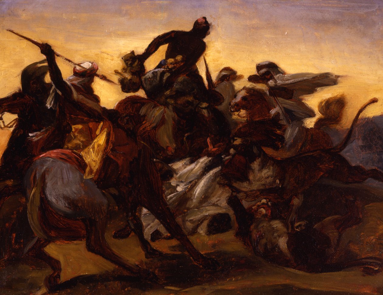 Sketch for The Lion Hunt ، c.1836 (زيت على ورق موضوع على قماش) بواسطة إميل جان هوراس فيرنيه