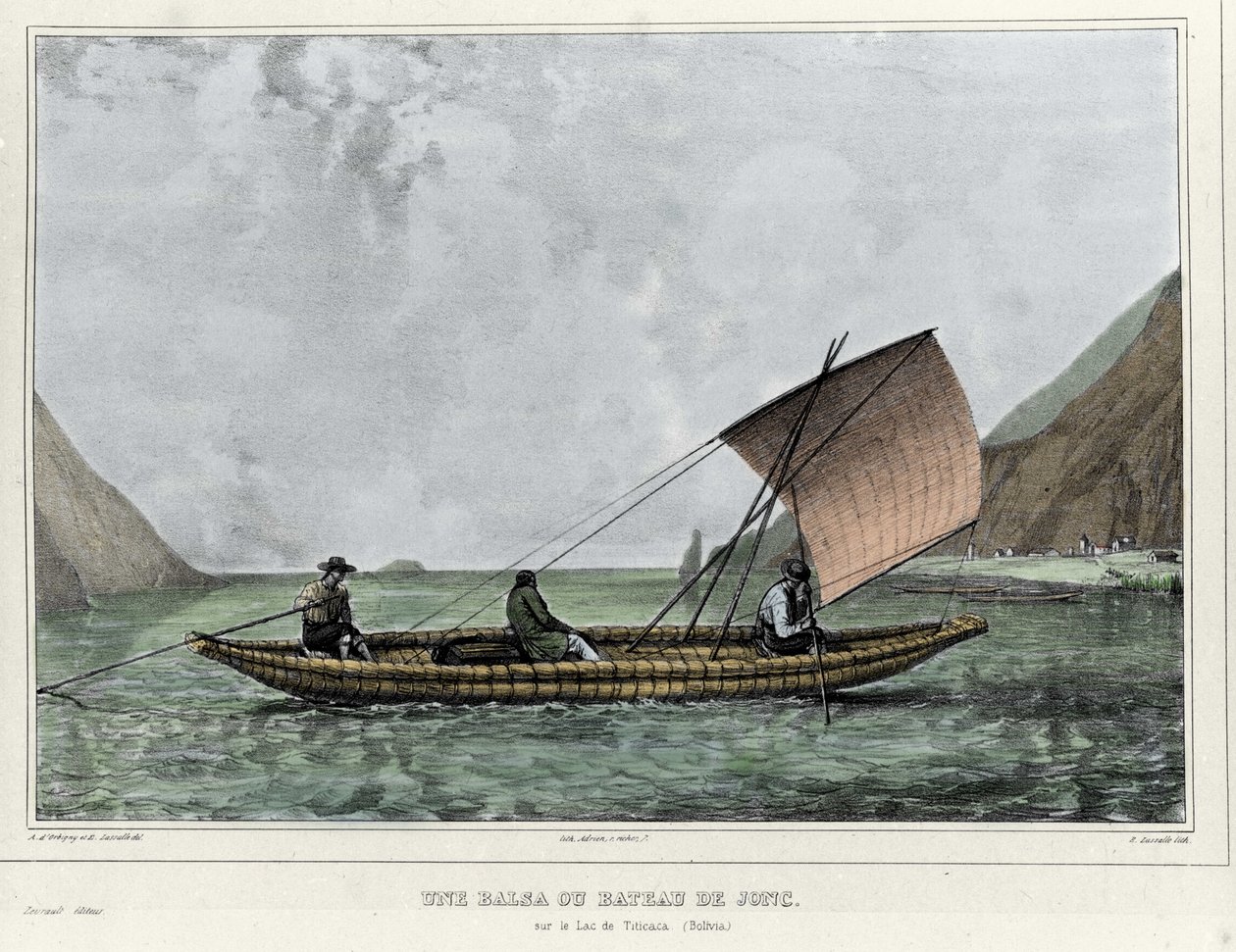 A Balsa أو قارب متهور على بحيرة تيتيكاكا (بوليفيا). الطباعة الحجرية بواسطة إميل لاسال (1813-1871) - في "" رحلة دانس لامريك ميريديونالي "بقلم ألكيد دوربيني (1802-1857) بواسطة إميل لاسال