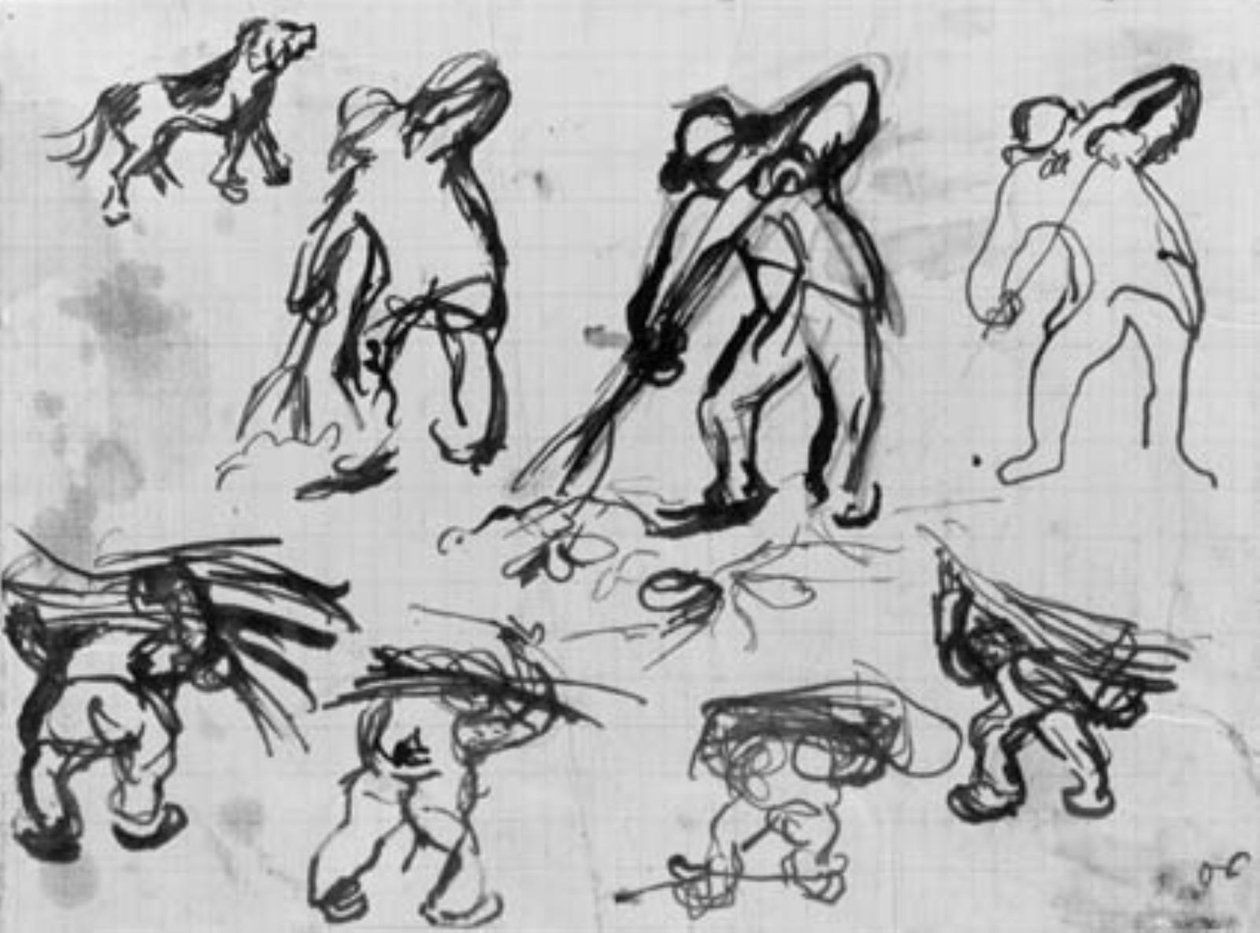 سبع رسومات لرجال يحفرون ويحملون حطبًا ورسمًا تخطيطيًا لكلب. بواسطة إميل أوتون فريزز