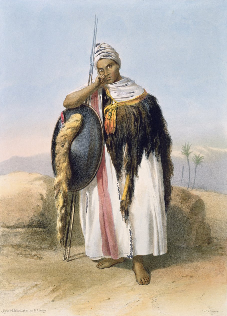 محارب من أمهرة ، إثيوبيا ، رسم توضيحي من "وادي النيل" ، منقوش بواسطة حانة أدولف رويرج (1810 - 1870). بواسطة Lemercier ، 1848 بواسطة إميل بريس دافين