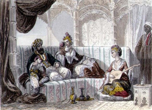 صورة داخلية مع باي وعائلته ، من "القسطنطينية والبحر الأسود" ، نقشها الأخوان رورج بواسطة إميل ورورج أدولف رورج