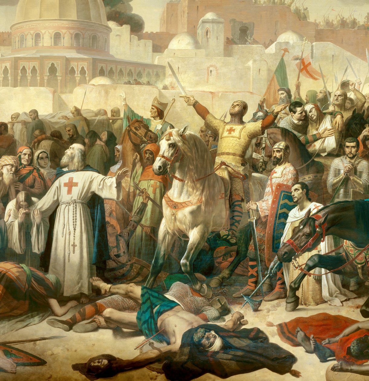 تفاصيل: الحملة الصليبية الأولى: "" الاستيلاء على القدس بالمعابر في 15/07/1099 "" غودفروي دي بويون يعطي نعمة لله في حضور بطرس الناسك (أو الناسك) بواسطة إميل سيجنول
