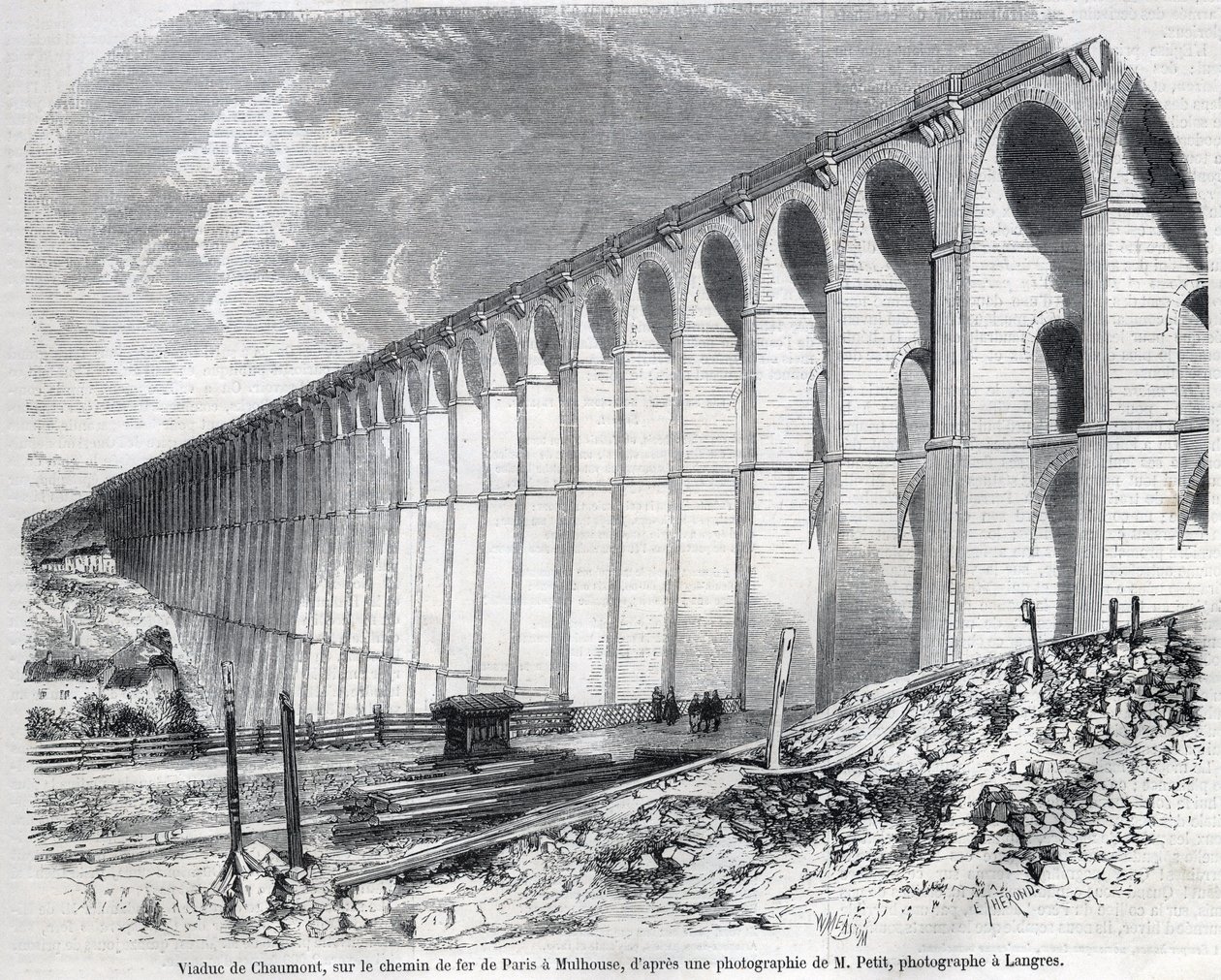 جسر Chaumont على خط السكة الحديد من باريس إلى ميلوز. نقش بعد رسم لرالف في "" العالم المصور "، 1857/05/09. مجموعة خاصة. بواسطة إميل ثيودور ثيروند