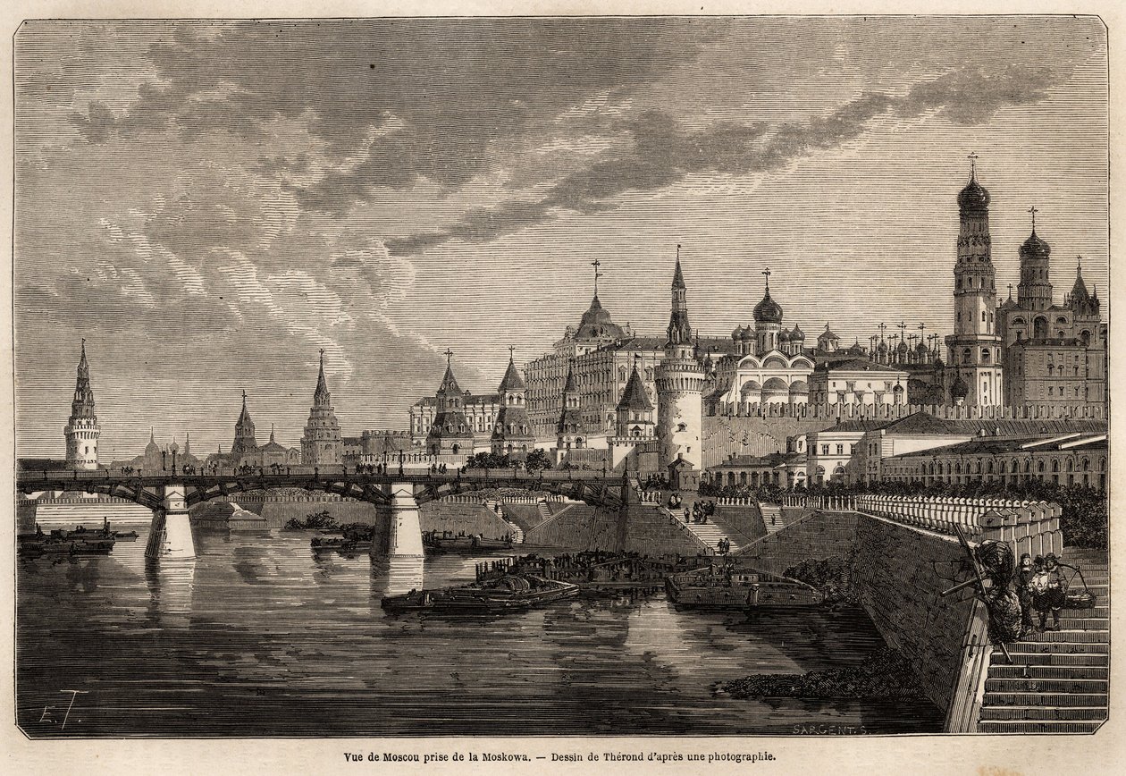 منظر عام لموسكو ، مأخوذ من Moskowa ، رسمه Therond ، لتوضيح رحلة M. de Bourboulon ، وزير فرنسا إلى الصين ، من شنغهاي إلى موسكو ، من 1859 إلى 1862. نقش في "" Le Tour du monde "، تحرير إدوارد شارتون بواسطة إميل ثيودور ثيروند