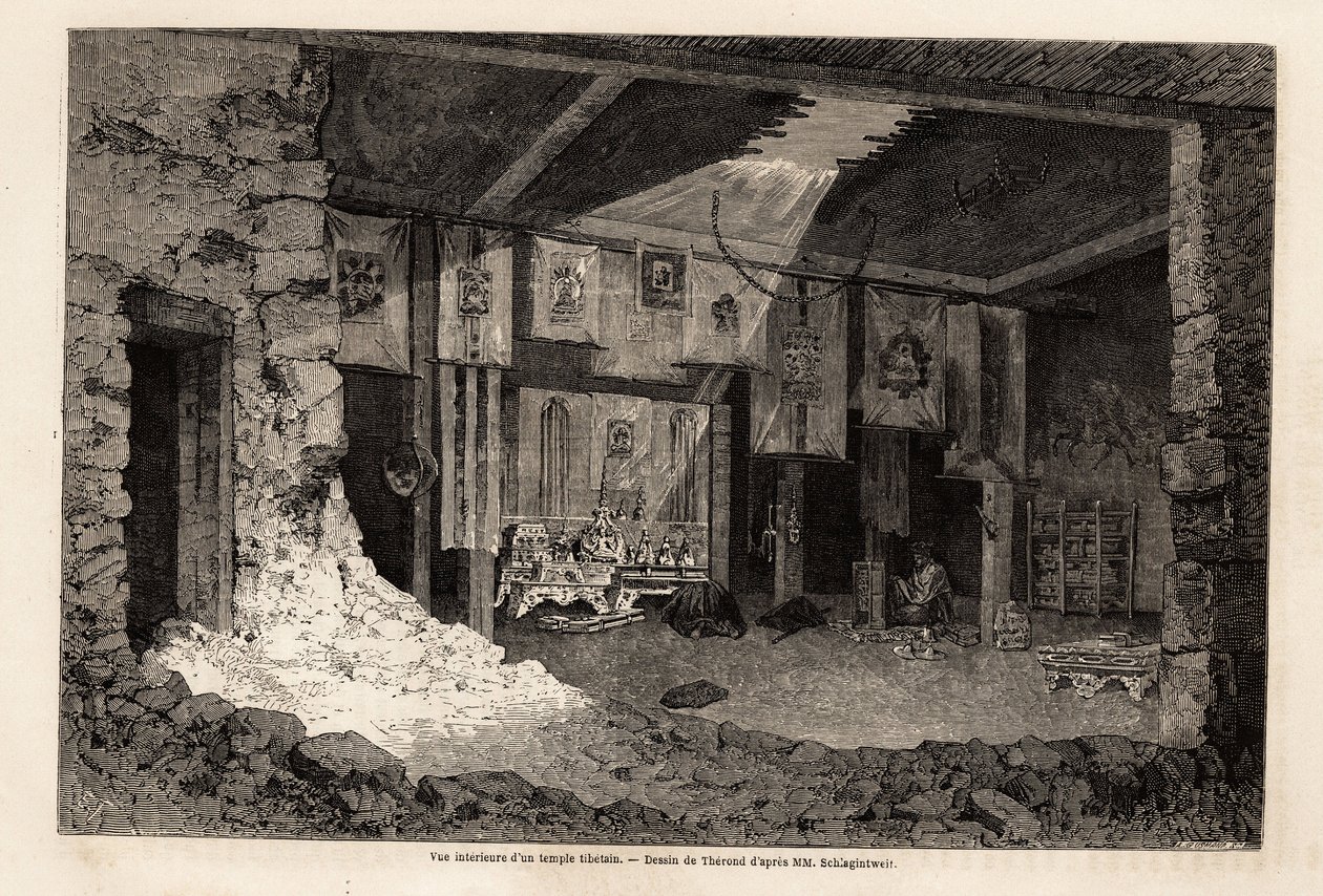 منظر داخلي لمعبد تبتي ، رسمه ثيرون ، لتوضيح تلخيص عام 1862 الجغرافي ، بواسطة فيفيان دي سانت مارتن. نقش في "" Le Tour du monde "، تحرير إدوارد شارتون بواسطة إميل ثيودور ثيروند