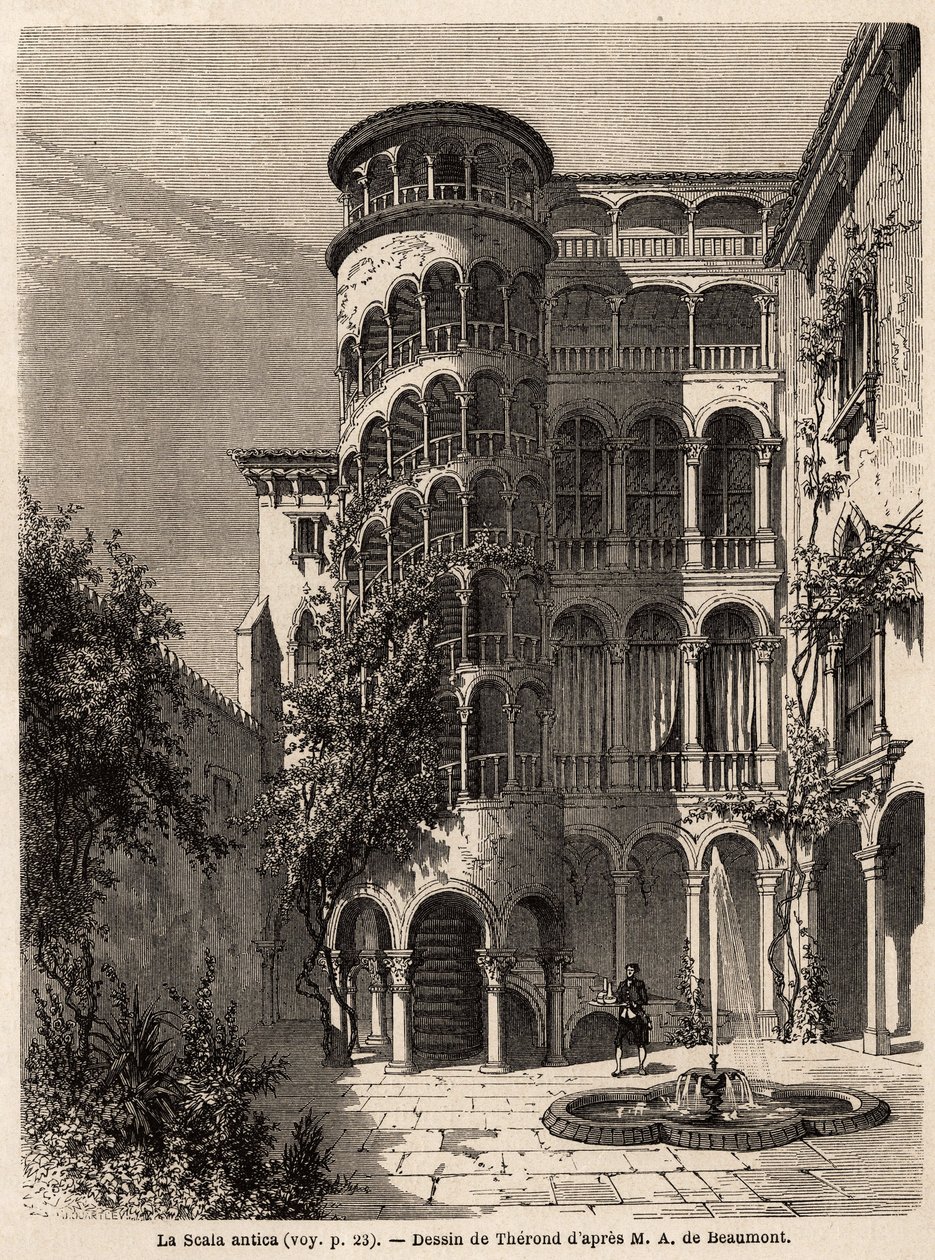 رسم لا سكالا أنتيكا ، رسمه ثيرون ، لتوضيح رحلة أدالبرت دي بومونت إلى البندقية ، حوالي عام 1850. نقش في "" Le Tour du monde "، تحرير إدوارد شارتون بواسطة إميل ثيودور ثيروند